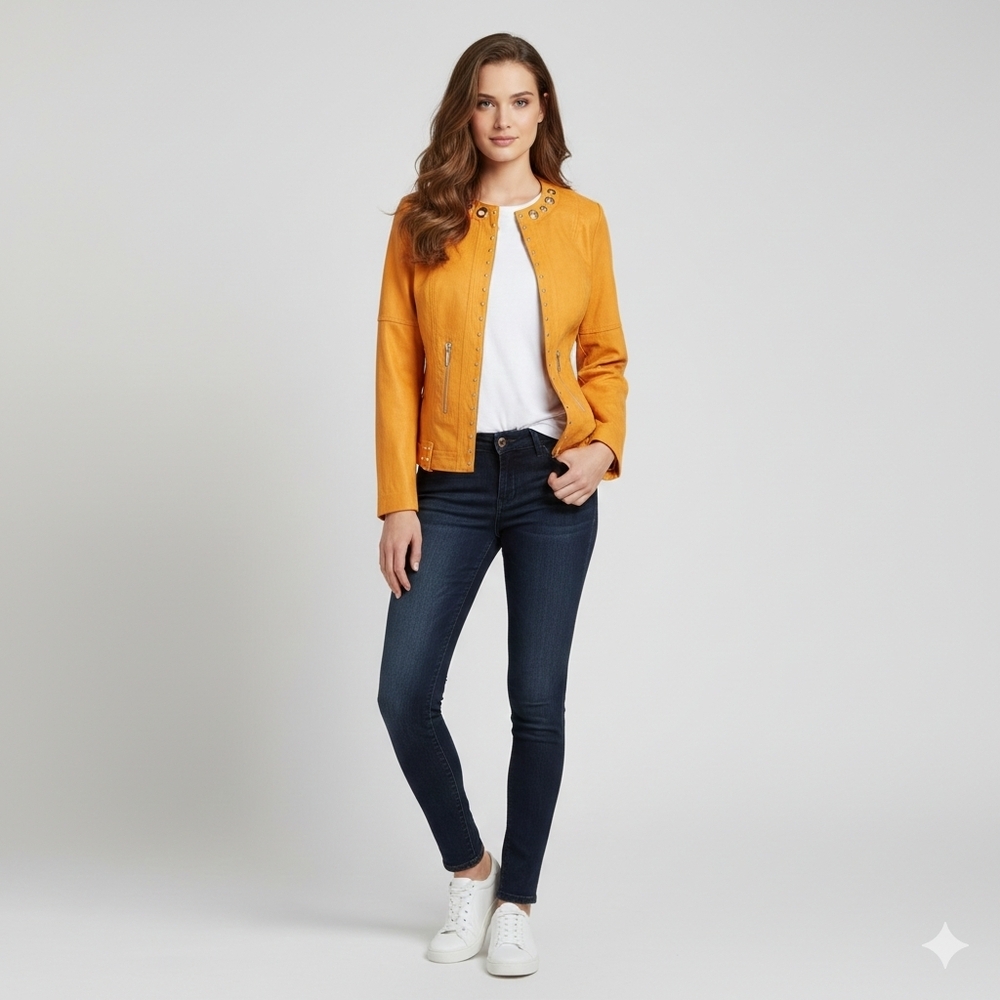 Lena Gabrielle Womens Faux Leather Jacket Orange Studded Size 8